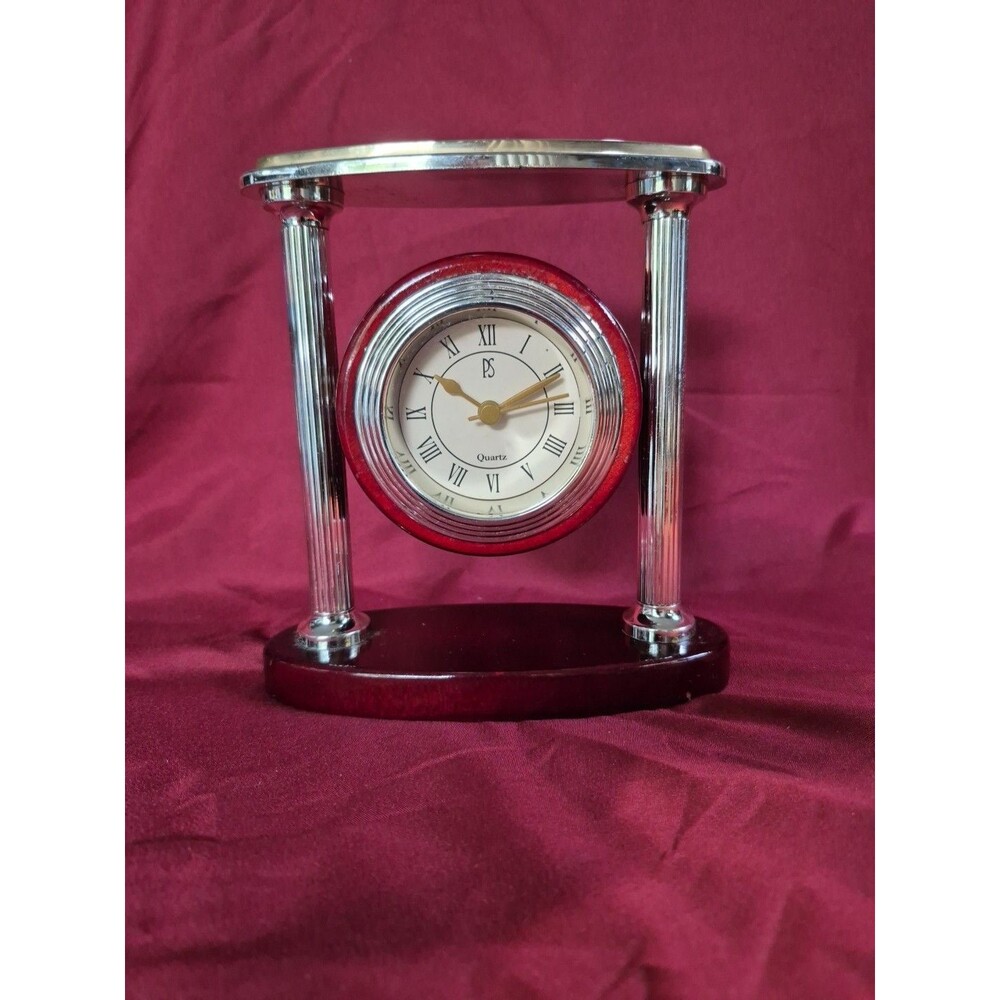 Paul Sebastian Art Deco Quartz Desk Clock Cherry Wood Stand Two-Toned